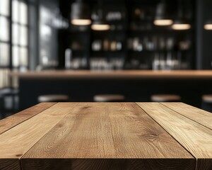 Fototapeta premium Contemporary Elegance: A minimalist wooden table in soft, natural light placed against the backdrop of a chic, blurred bar area with muted black walls and stainless steel accents. 