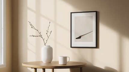 Cozy Elegance: A modern interior with soft, warm hues of peach and beige. 