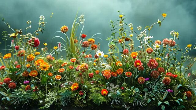 Vibrant flower garden in full bloom with diverse petals and lush greenery under a misty sky