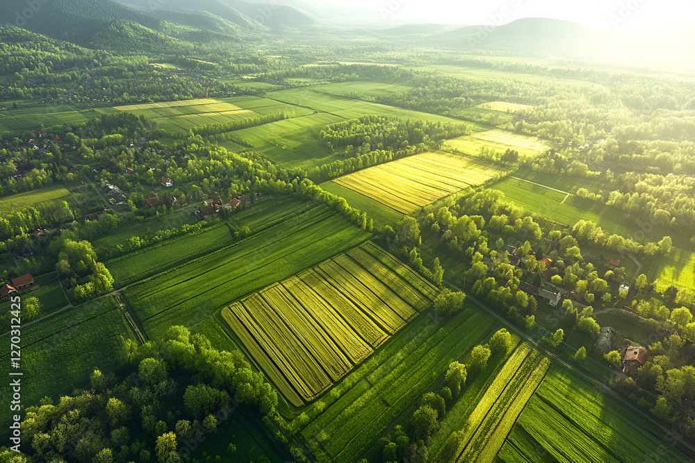 Poster aerial view of verdant fields: a breathtaking panoramic shot of vibrant green fields and patches of 