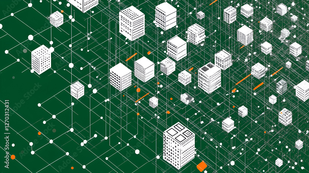 Poster abstract data network: an intricate network of interconnected digital structures and nodes, illustra