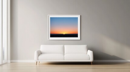 Serene Coastal Vibes: A large framed photograph of a sunset over a beach, the colors transitioning from warm oranges and pinks to the deep blue of the ocean. 