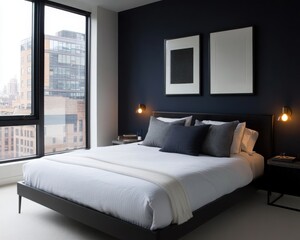 Urban Chic Bedroom: A modern urban bedroom with bold navy blue walls and a sleek black bed frame with white and gray bedding. 