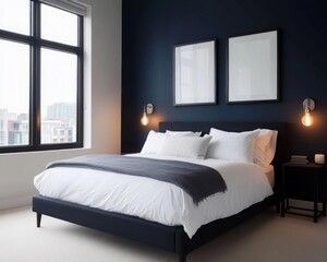 Urban Chic Bedroom: A modern urban bedroom with bold navy blue walls and a sleek black bed frame with white and gray bedding. 