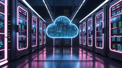 "A futuristic data center with ultra-realistic cloud computing visuals, glowing neon server racks processing vast amounts of data in real-time. The scene is in ultra-high definition, showcasing crysta