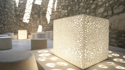 A serene interior space with illuminated cubes casting intricate shadows on stone walls.