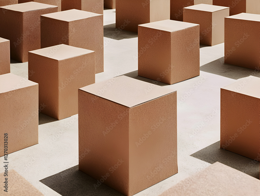 Poster cardboard cubes: a repeating pattern of uniformly sized cardboard cubes arranged on a flat surface, 