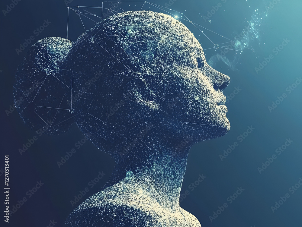 Poster digital contemplation: a digitally rendered image showcases a woman's profile, formed from a network