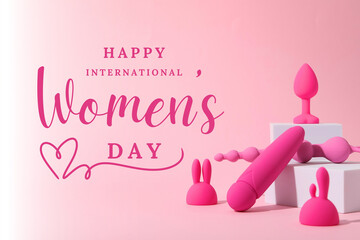 8 March, international women's day, pink sex toys on a light background, with text