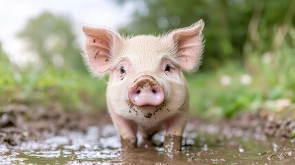 Cute piglet in mud puddle, outdoors, happy, nature. Possible use Children's book illustration