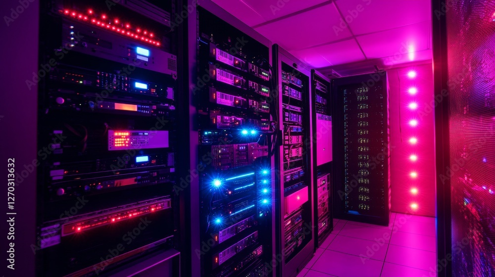 Poster glowing server room with advanced data security systems and equipment