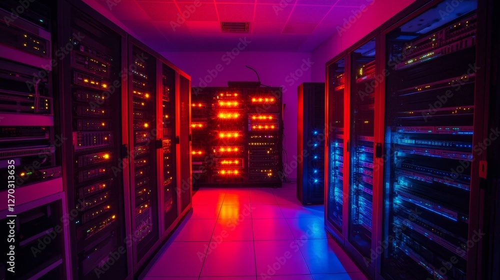 Poster neon glowing server room with data security systems and technology