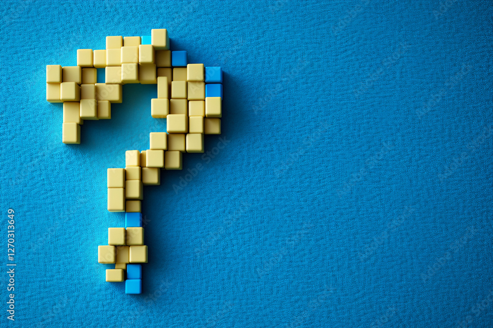 Poster pixelated question mark: a three-dimensional question mark constructed from a mosaic of small, textu