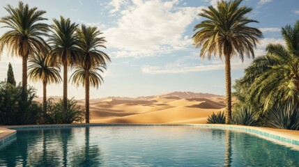 Fototapeta premium Serene Desert Oasis with Tall Palm Trees and Clear Blue Water