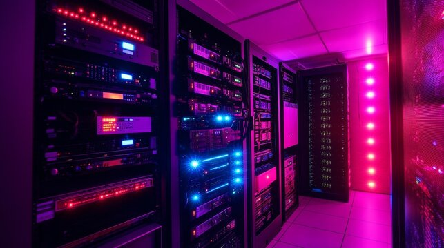 Glowing Server Room with Advanced Data Security Systems and Equipment