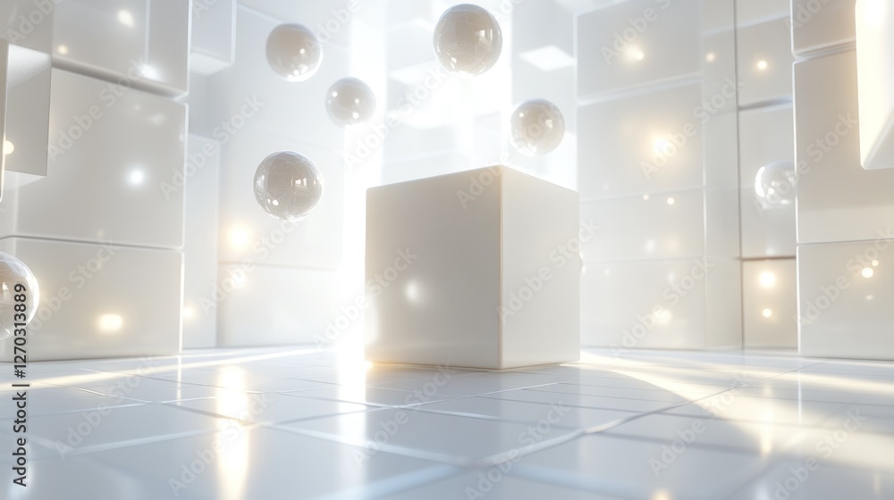 Poster a minimalist 3d scene with glowing cubes and spheres, emphasizing light and space.