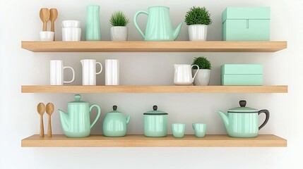 Mint green and white kitchenware on wooden shelves.