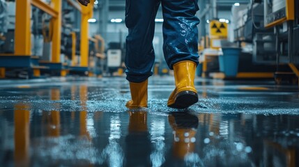 Industrial Safety: Worker Walking Through Spilled Liquid in Factory