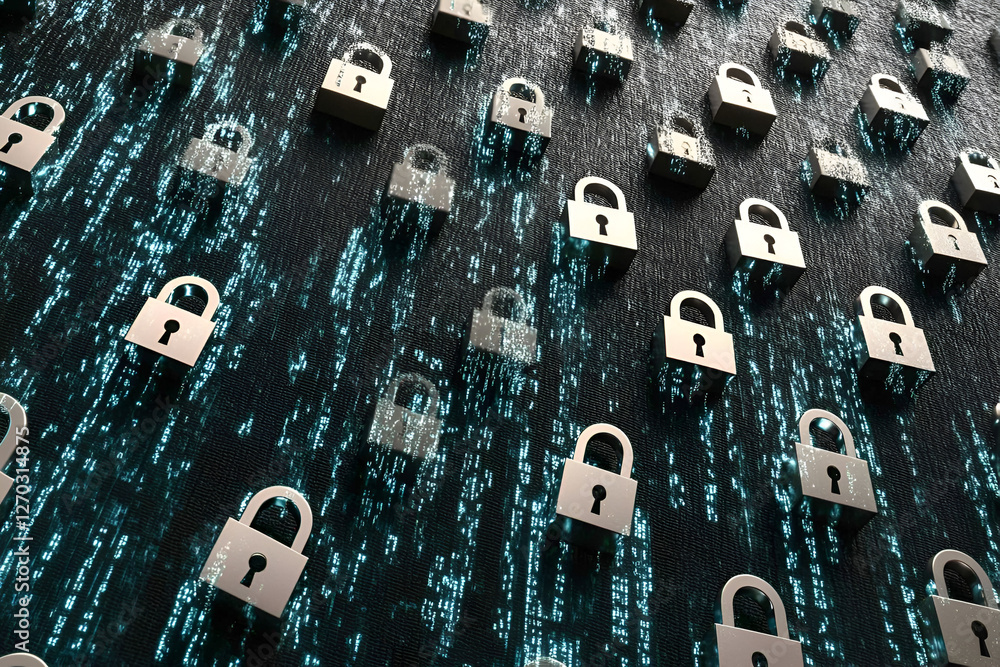 Poster cybersecurity grid: rows of metallic padlocks overlay a digital rain pattern, symbolizing data secur