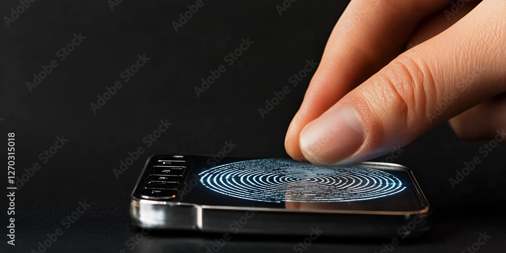 Poster unlocking security: a person's fingertip interacts with a high-tech device for fingerprint authentic