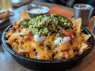 Loaded Nachos with Guacamole and JalapeÃ±os in Cast Iron Skillet