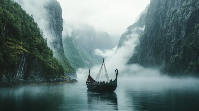 Viking Longship Sailing Through Misty Fjord with Towering Cliffs - Powered by Adobe