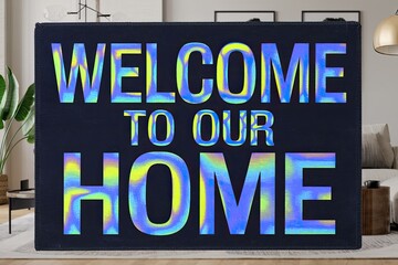 "Welcome to Our Home" Sign in Modern Interior, Dark Navy Rug with Blue, Yellow, and Green Gradient Lettering, Cozy Atmosphere