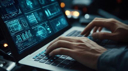 Close-Up Hands Typing on Laptop with Screen Showing Data Visualizations