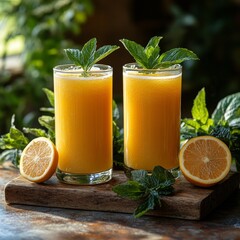 Fresh Cold Pressed Juice with Mint and Citrus on Wooden Table