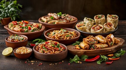 Colorful Asian Cuisine Spread with Noodles and Spring Rolls