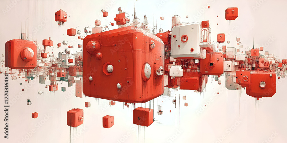 Poster geometric cubes: an abstract composition of floating, interconnected red and white cubes creates a d