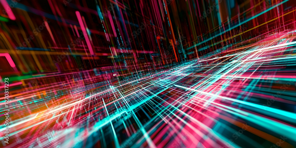 Poster dynamic network: lines of light and vibrant colors intertwine and extend, embodying a digitally-rend