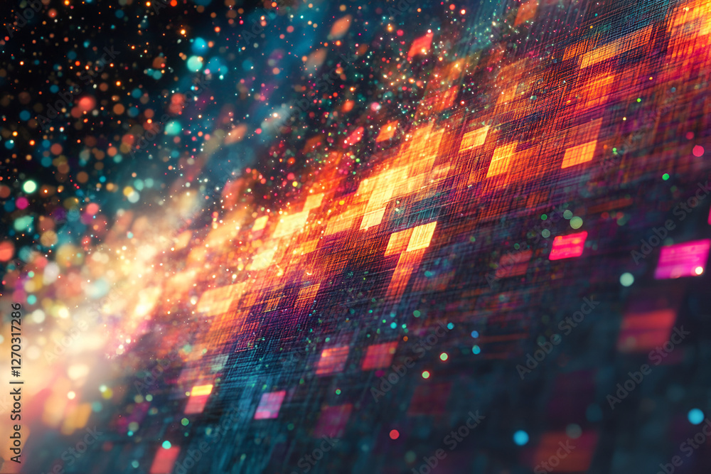 Poster cosmic data flow: abstract, dynamic, vibrant digital artwork, depicting a flow of data or energy thr