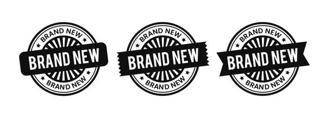 Brand new labels badge set vector design. Circle frame with ribbon and starburst illustrations. For icon, logo, label, seal, tag, sign, seal, symbol, stamp, sticker, emblem