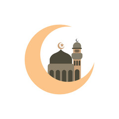 flat design of people prostrating or praying, kaaba, mosque, moon with mosque and kaaba icon elements for islamic holiday greeting