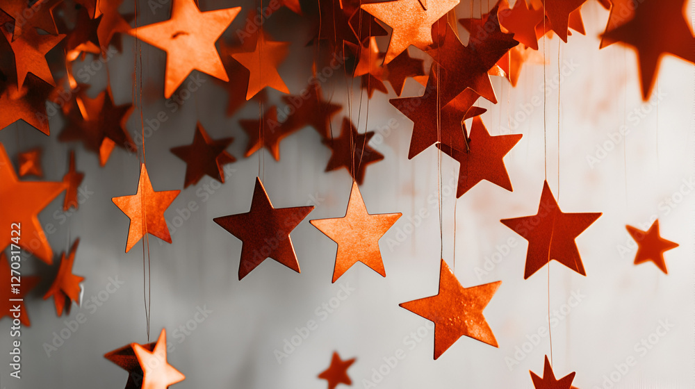 Poster celestial garland: a cascade of paper stars in warm hues creates a mesmerizing and enchanting displa