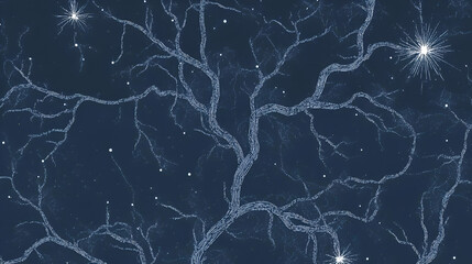 Celestial Branches: Abstract branches reach out against a starry night, with glowing lights illuminating the cosmic dance. evoking a sense of wonder and the mysteries of the universe.