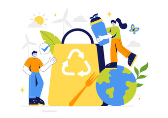 Sustainable Living Vector Illustration featuring Eco Friendly Practices, Wind Turbines Generating Renewable Energy and an Environmentally Green Energy