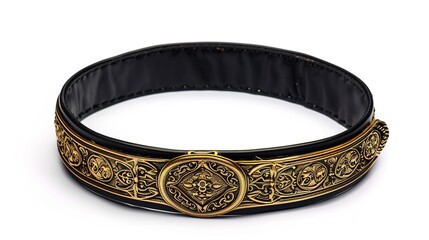 A simple and distinct belt is prominently displayed all alone on a clean, expansive white background. The belt's design, texture, and details are clearly visible, making it a focal point. This unclutt