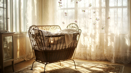 Cozy Cradle in Sunlit Room: An inviting antique cradle bathed in warm sunlight. The soft glow accentuates the delicate details of the cradle and the room's serene atmosphere.