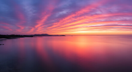 Obraz premium Tranquil dawn paints vivid hues across the serene seascape horizon