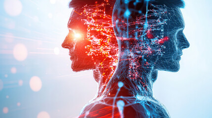digital twin of human body showcasing virtual medical technology, highlighting neural connections and data visualization. This represents innovation in healthcare