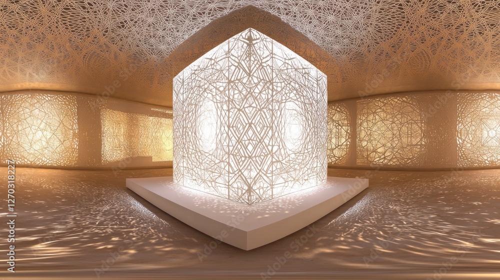 Poster a luminous geometric structure casting intricate patterns in a serene, modern space.