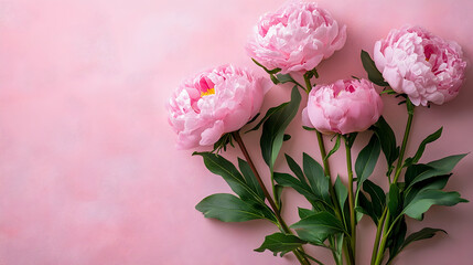 Obraz premium Beautiful Pink Peonies on Soft Pink Background with Green Leaves