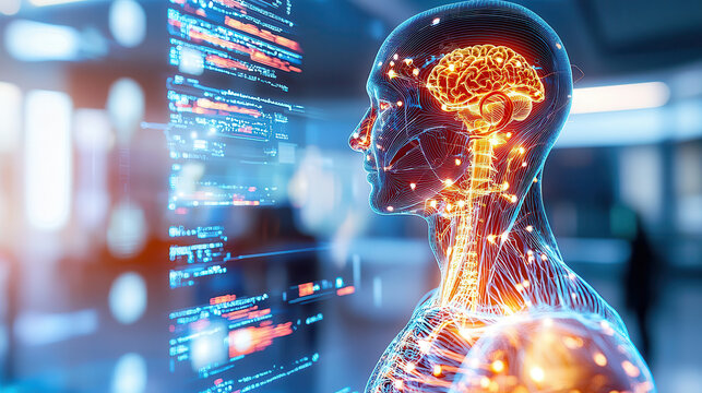 digital twin of human body showcasing neural connections and brain activity, representing advanced medical technology and virtual simulations