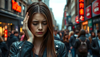 Fototapeta premium Caught in the Chaos: A Woman Facing Panic in the Bustling City Streets