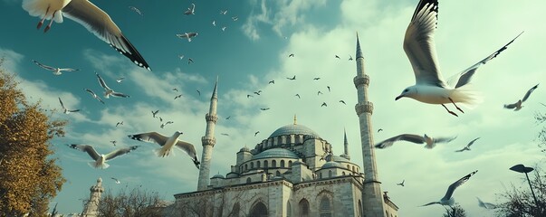 Obraz premium Seagulls fly above and around the blue mosque in istanbul