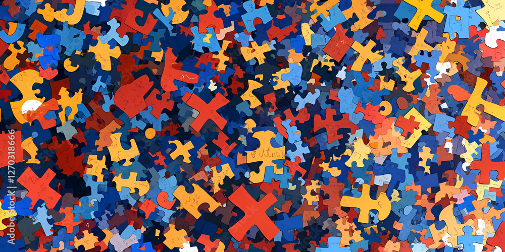 Poster interlocking complexity: a vibrant tapestry of puzzle pieces intertwines in a display of connection,
