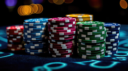 Naklejka premium Close-up of stacks of colorful poker chips on a casino table, illuminated by soft lights.
