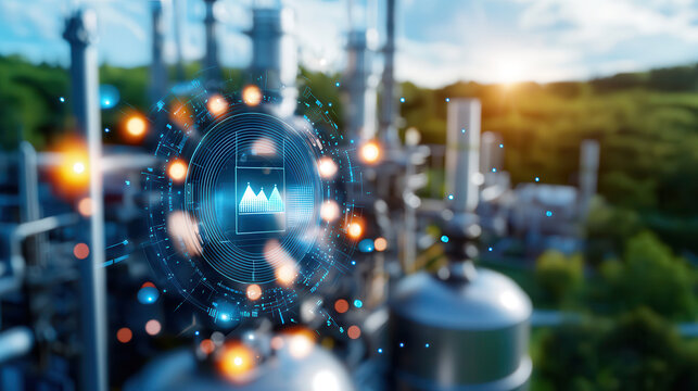 Futuristic hydrogen power plant with digital interface showcasing clean fuel production, surrounded by greenery and industrial structures, symbolizing innovation and sustainability - Powered by Adobe